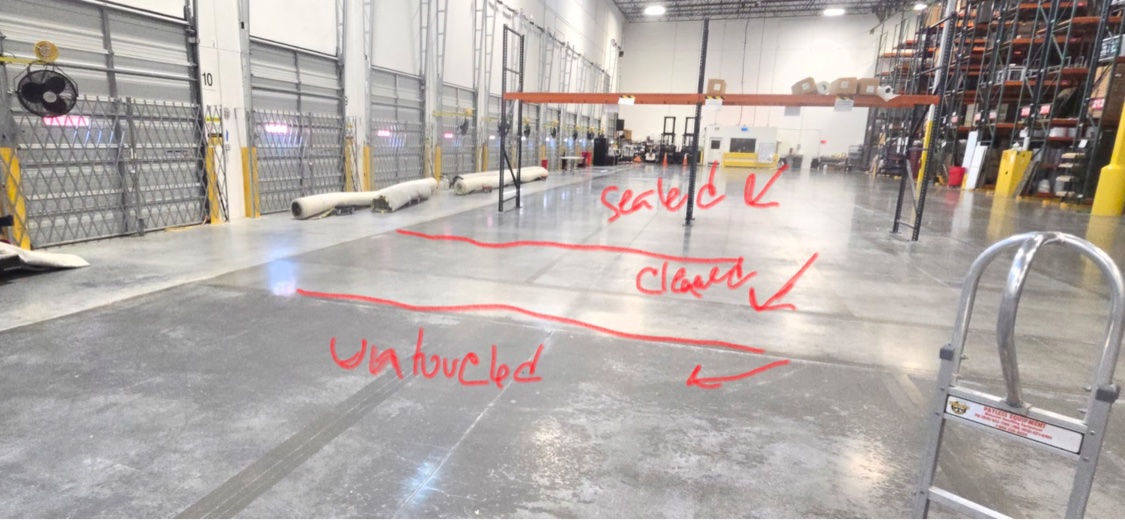 Occupied warehouse floor marked up in red by the SHMAK team showing the sealed, cleaned, and untouched treatment zones
