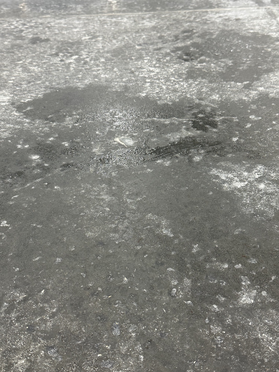 Tire tracks tracked through the moisture film on a sweating warehouse slab